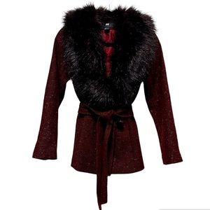 H&M maroon tweed coat with fur collar and waist tie size 4